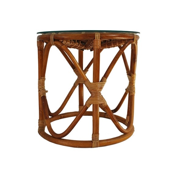 Vintage Rattan Table / Bohemian Wicker Glass Top Table