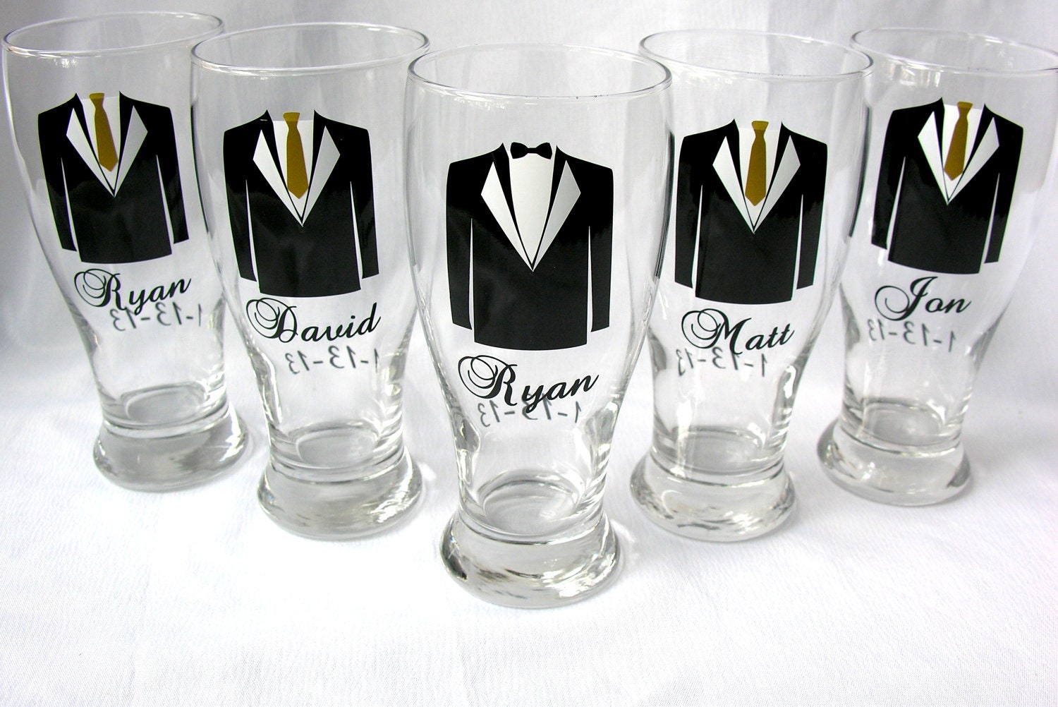 Groomsmen Tux pilsner glasses with for wedding party gifts.