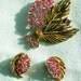 Vintage Green Enamel Palm Fronds with Spray of Pink Rhinestones Pin & Earring Set