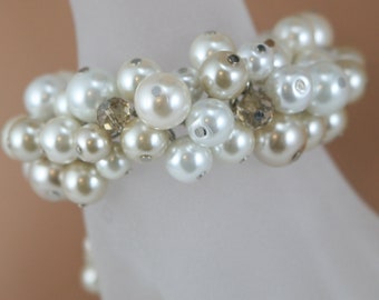 Chunky champagne white and ivory bracelet and champagne crystals - Bridesmaids jewelry, wedding bracelet