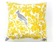 16x16 Decorative Pillow Cover. Birds and Flowers in Yellow, Grey and White