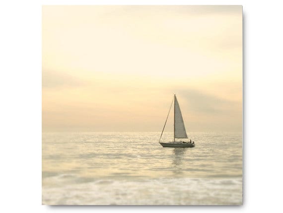 Sailboat Photography, ocean, yellow, grey, cream, beach house decor, soft, pale, beach cottage, coastal living, shore, seashore, gray