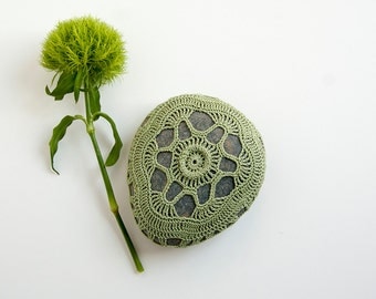 Crochet covered rock, lace stone, beach wedding, ring pillow, sage green thread, bowl element, paperweight, fiber art object, unique
