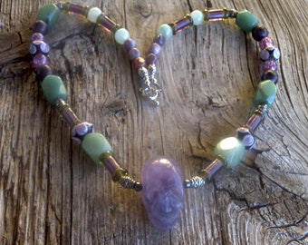 Amethyst skull,adventurine,quartz,glass,silver beads necklace 25 inch