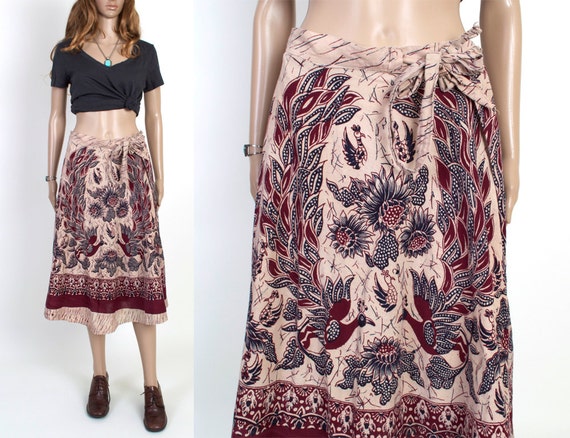 1970s India Skirt / Vintage Wrap Skirt / Bird Print / Block