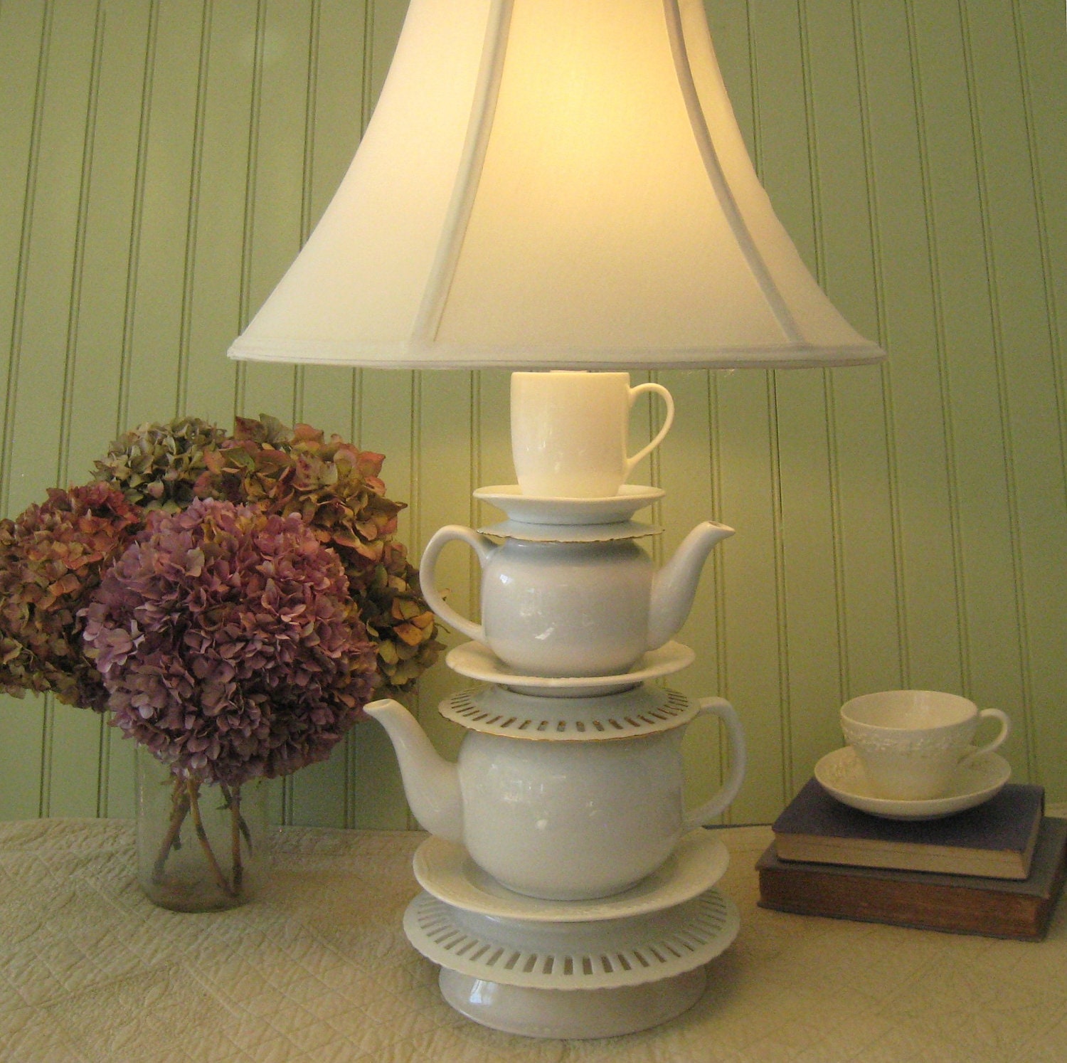 White Stacked Teapot Lamp Tea Cup and Reticulated by ThistleandJug