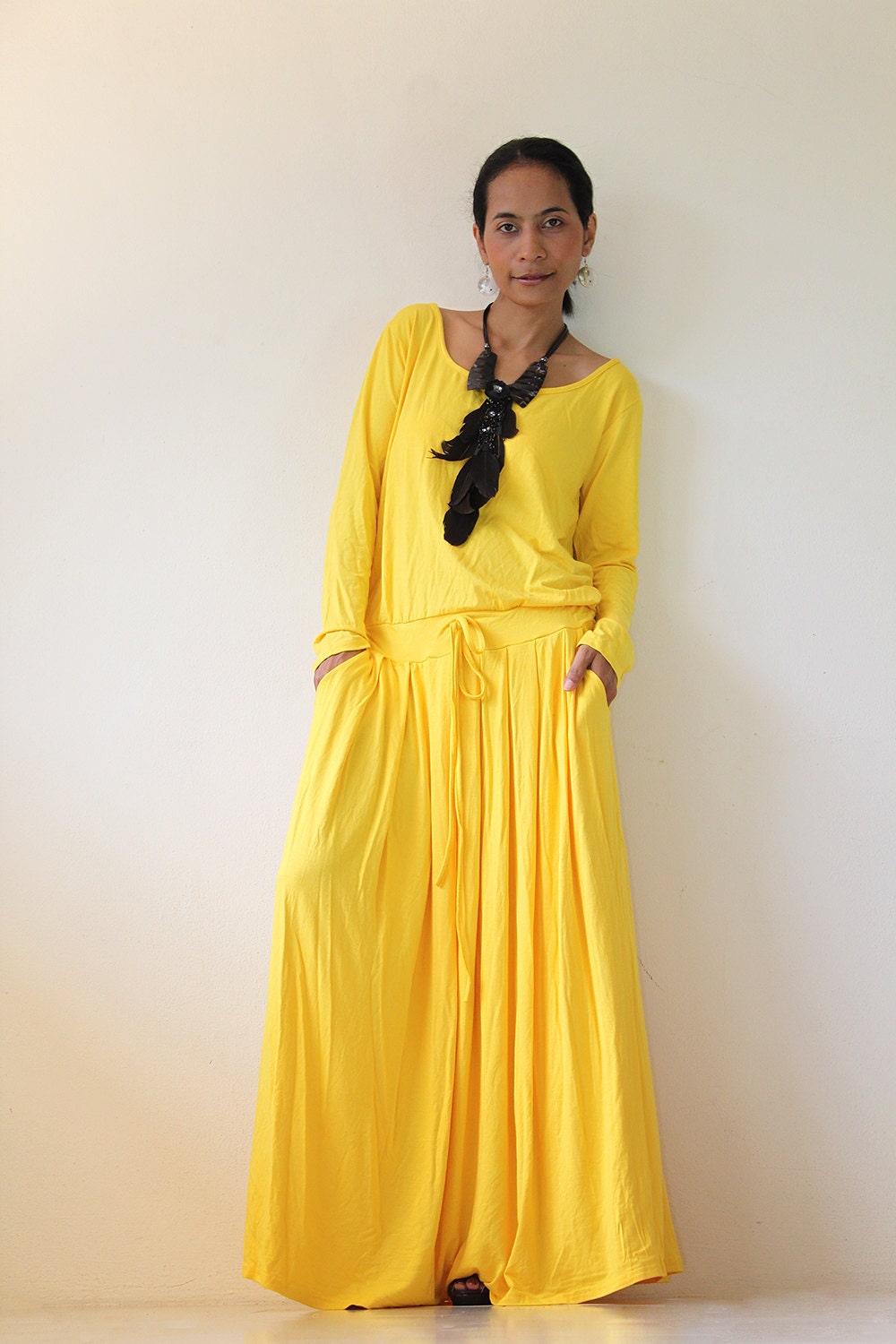 Yellow Maxi Dress Long Sleeve dress : Autumn Thrills by Nuichan