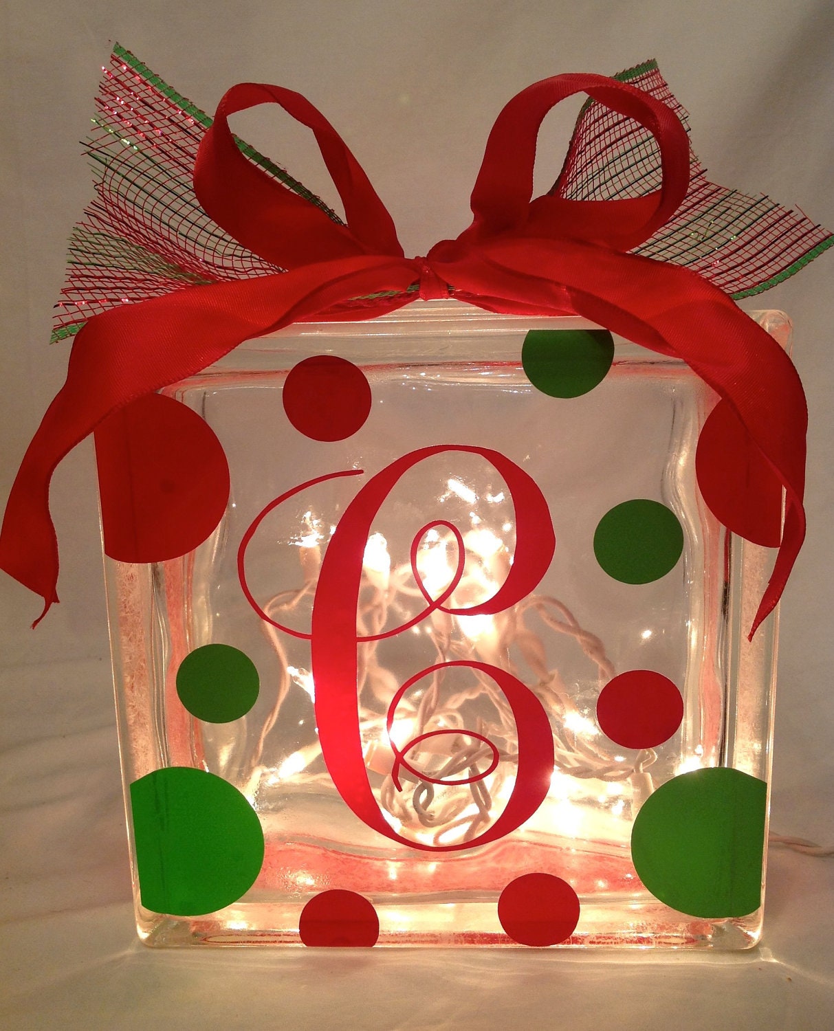 Personalized Lighted CHRISTMAS GLASS BLOCK with Monogram