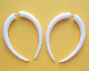 PIRAU - Hook Style Earrings - Hand Carved Fake Gauges - Natural White Bone - Tribal Style Jewelry