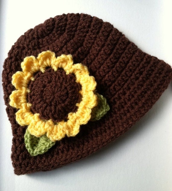 Sunflower hat, Crochet Hat with Flower, Chocolate Brown, Yellow Sunflower Hat, Photo Prop, Newborn, Little Girl, Child Hat, Autumn Hat
