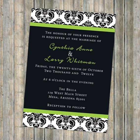 Damask wedding invitation White and Black Damask with Green