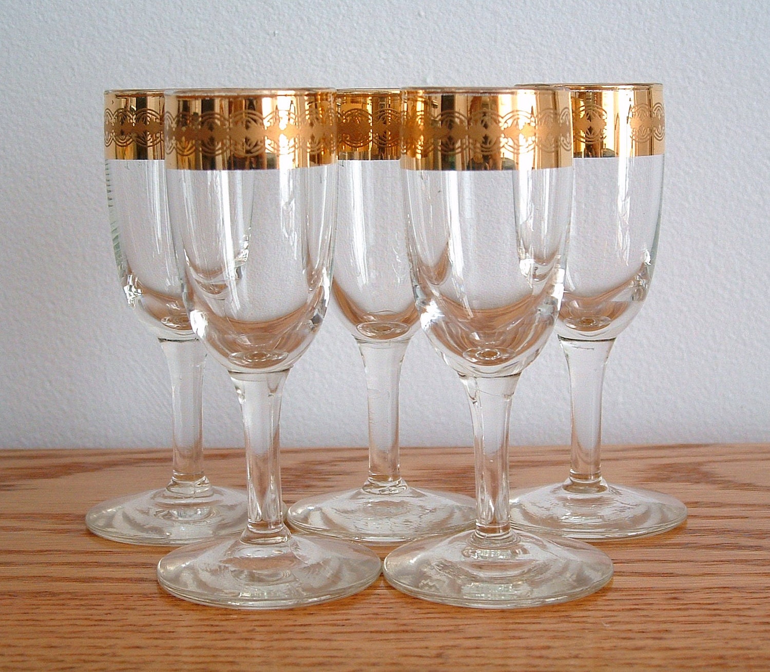 Vintage Cordial Glasses Set of 5 Gold Rim with Turquoise Small