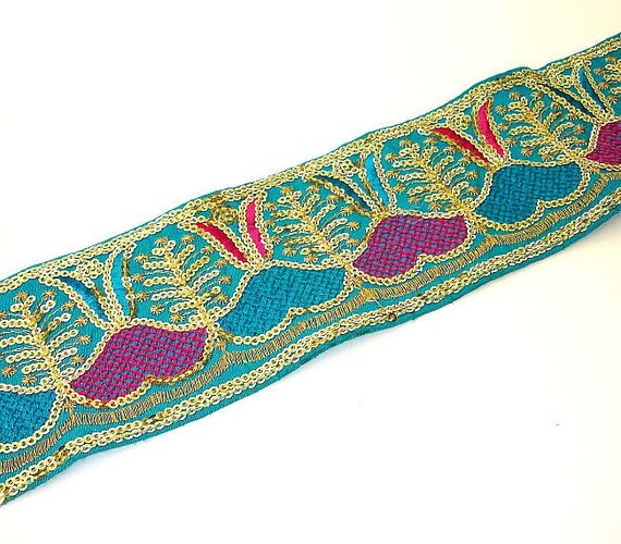 Turquoise Silk Sari Border: Blue Sequined Hand Embroidered