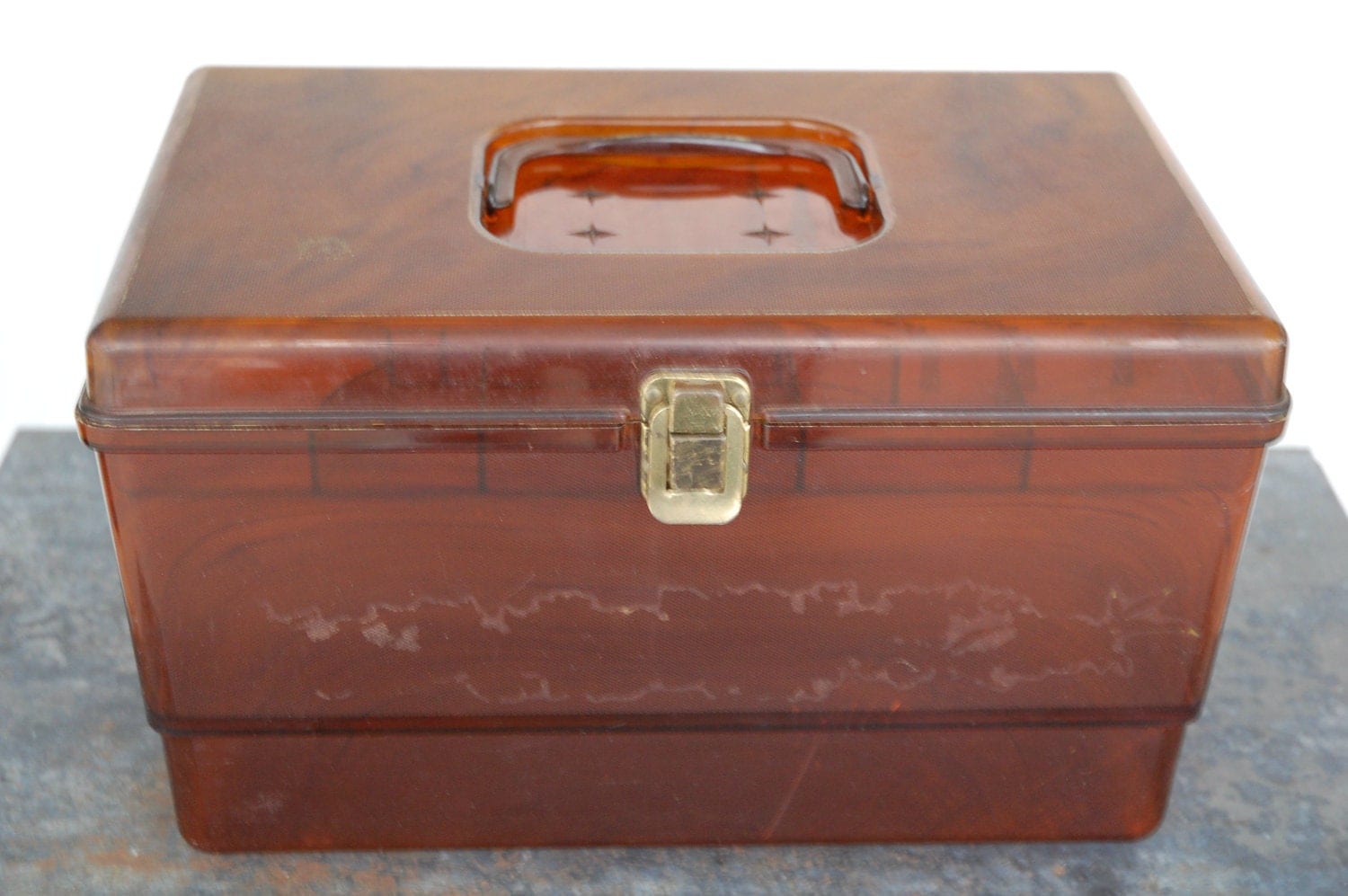 Vintage Sewing Box Plastic Amber Colored On Sale