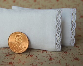 Miniature Pillows, Set of 2 White Bed Pillows with delicate filigree lace detail - 1:12 scale