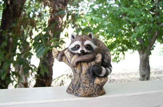 Ceramic miniature racoon ceramic raccoon on a log by NotLimited