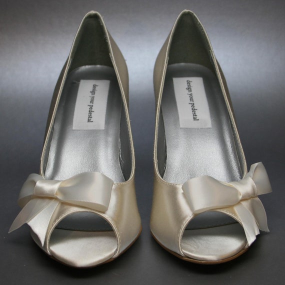 Wedding Shoes -- Ivory Peeptoe Wedges with Off-Center Ivory Bow