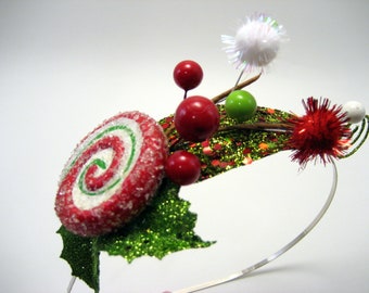 Whoville Inspired Mistletoe & Holly Headband with Candy Accent - Christmas Elf - Cindy Lou Who - Holiday Party - Wonka