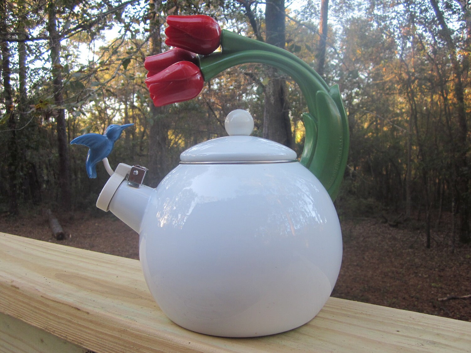 Enameled Singing Tea Kettle with Tulip Handle and by HobbitHouse