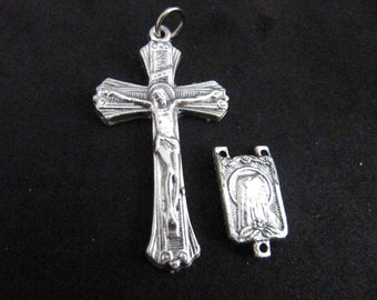 Italian Silver Rosary Crucifix and Matching Our Lady of Lourdes Centerpiece - 1 set