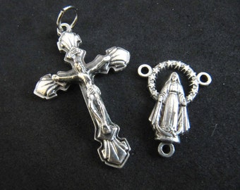 Silver Italian Made Crucifix and Matching Miraculous Medal with Mary Stars/Reversible Center