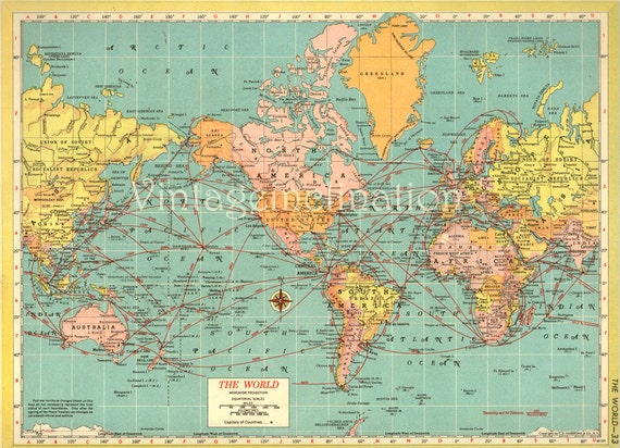 Antique WORLD Map 1940s ORIGINAL Map of the by VintageInclination