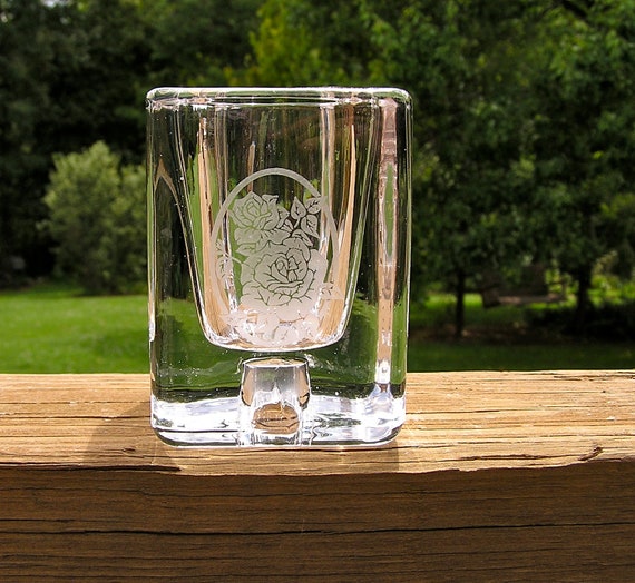 Glass Pillar Holder With Etched Oval Rose Design