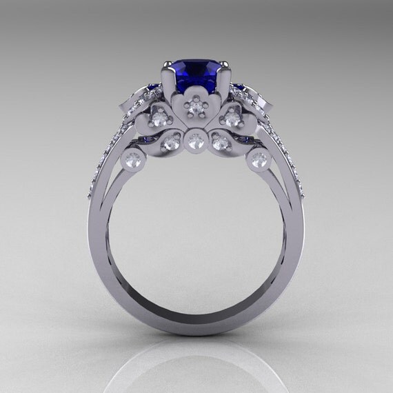 Classic 18K White Gold 1.0 CT Blue Sapphire Diamond by artmasters