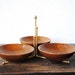 Mid Century Teak Wood Stand, Gold Metal Three Bowl Condiment Serving Decor