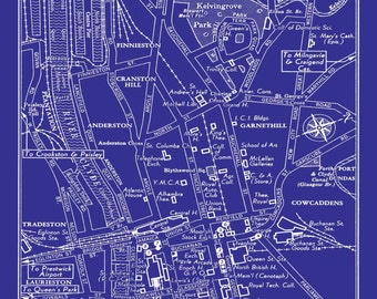 1949 Vintage Map of Downtown Glasgow Scotland Blueprint Print Poster