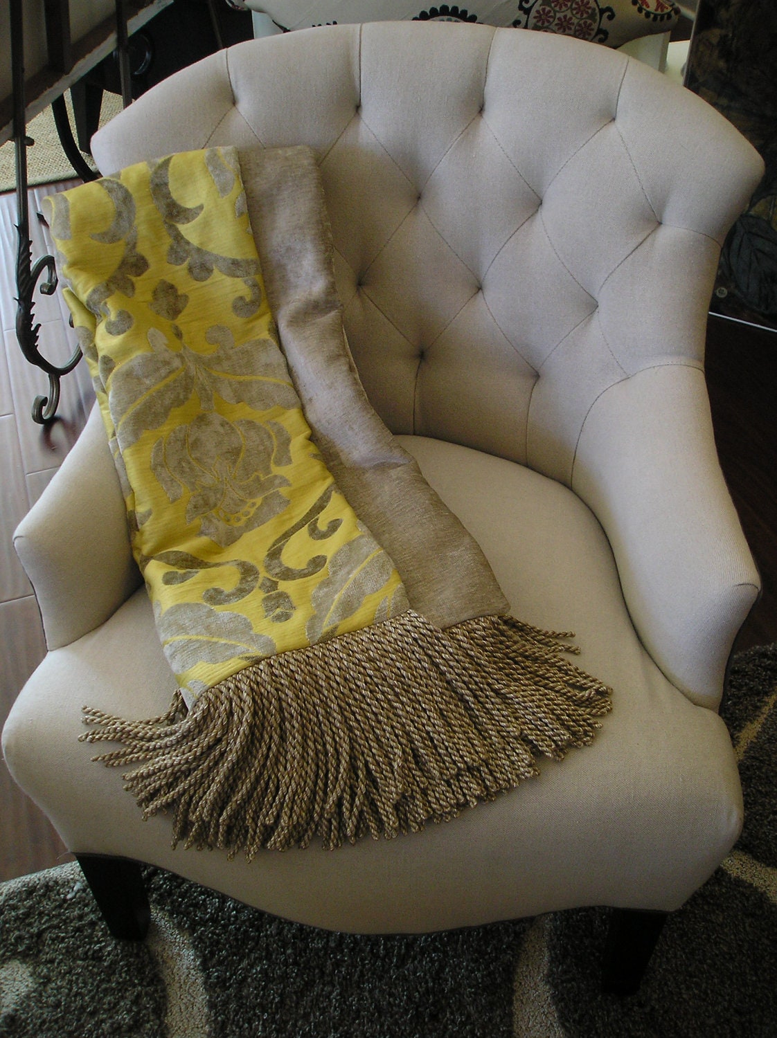 Reserved for Cindy Designer Throw Yellow and Gray Chenille