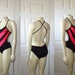 Vintage Swimsuit Marina Delmar Neon Pink & Black Chevron Criss-Cross Back Plunging Neck sz Small to Medium