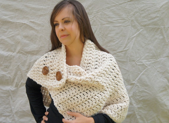 Chunky crochet wrap warmer with buttons winter shoulder