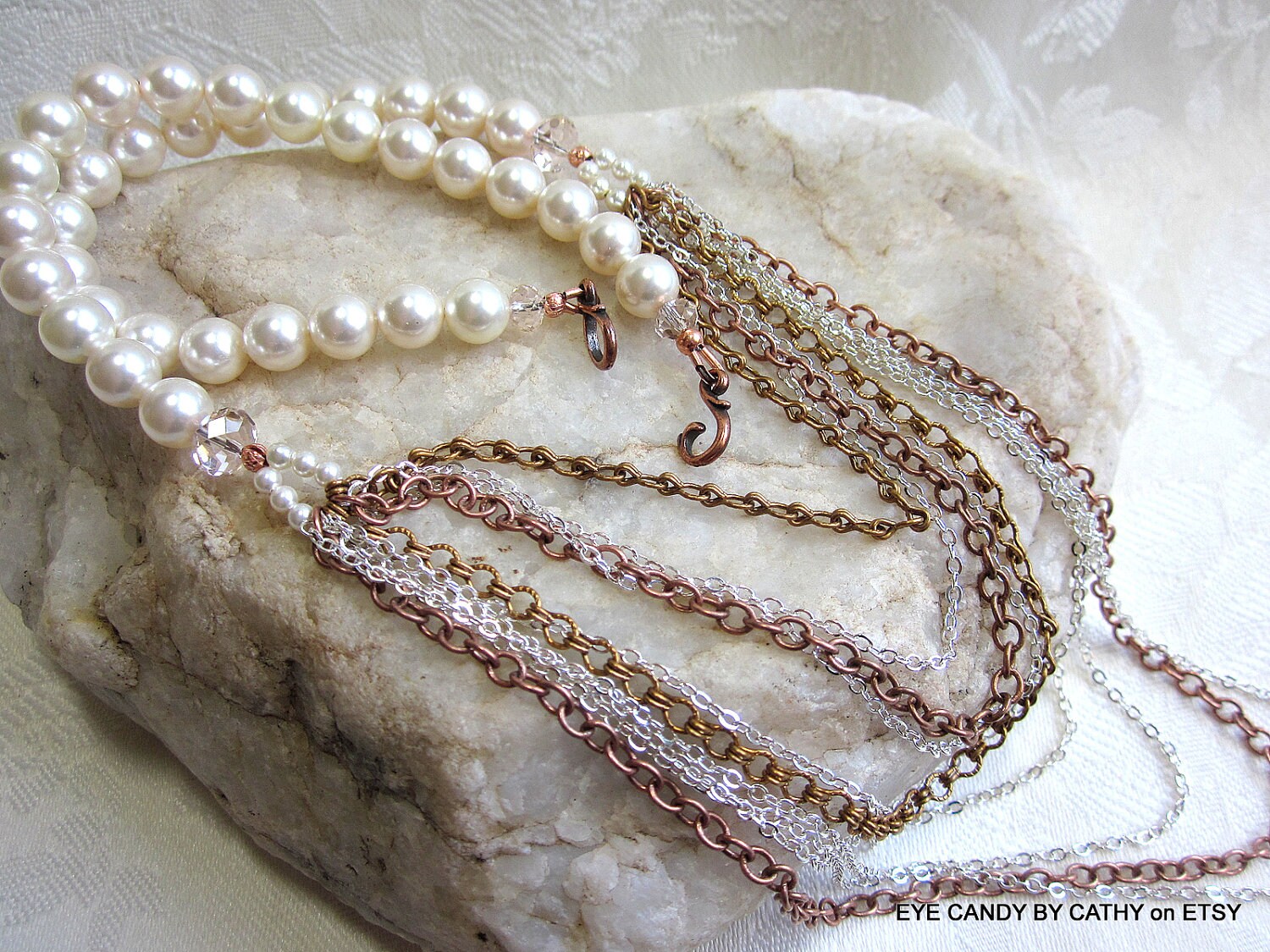 Pearl and metal chain necklace long statement necklace