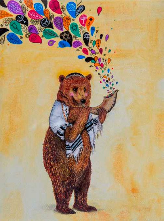 Grizzly bear, Passover art, Hanukkah, Rosh Hashanah, whimsical Jewish art, 8x10