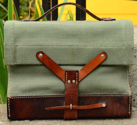 Vintage WWll Swiss Saddle Leather Bottom Ammo Bag Tote