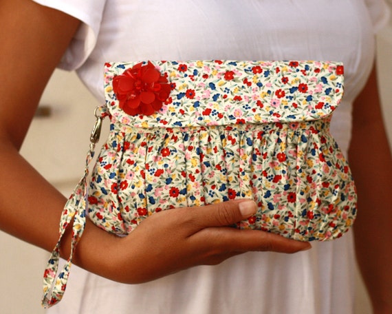 Red Floral Wristlet Clutch - red and blue screenprint cotton clutch