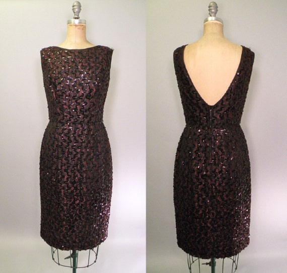 Vintage 1960s Red and Black Lace Sequin Mad Men Cocktail Dress