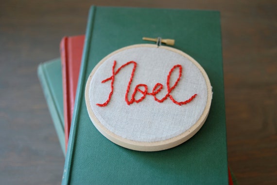 Christmas Embroidery Hoop Art: Hand-stitched "Noel" in Red. 4" Hoop.