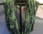BIG Sale Beautiful Infinity circle scarf black with green leaves very long gauze type fabric lovely