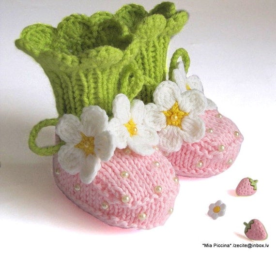 Knit Baby Booties Pink Strawberry Booties Hand Knit Baby Girls