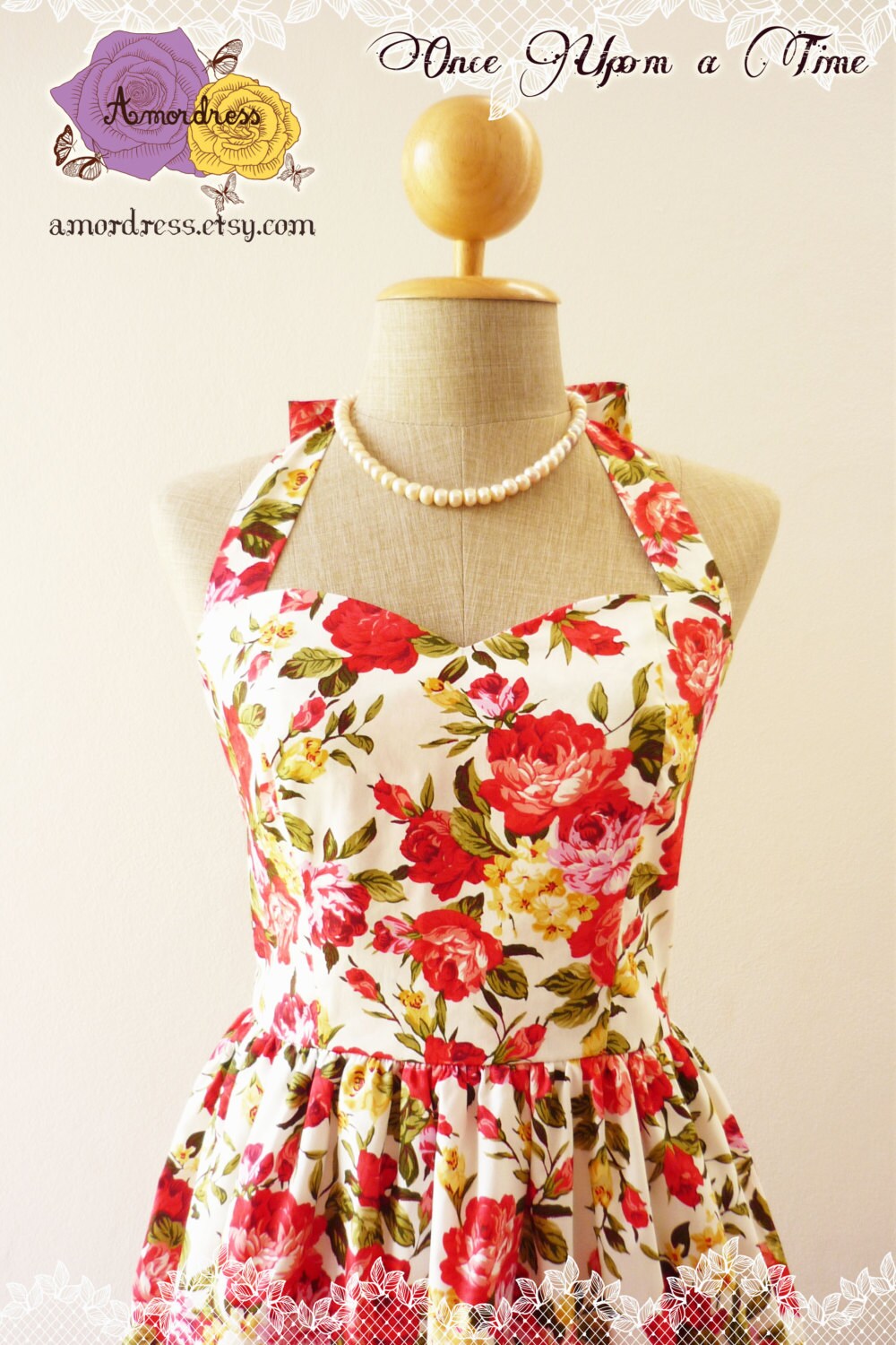 Sweet Floral Dress White with Red Rose Dress Party by Amordress