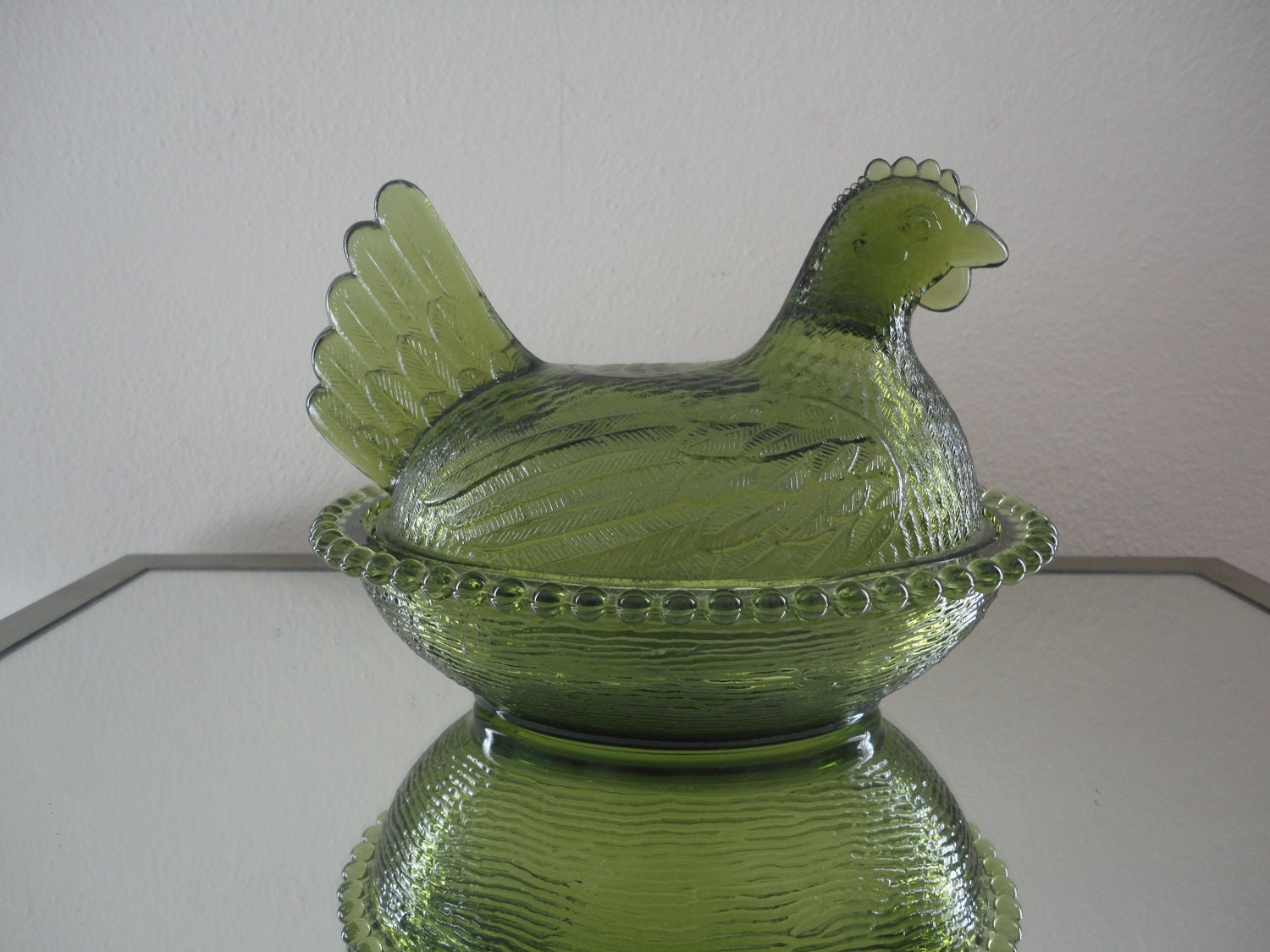 Antique Green Depression Glass Hen Chicken Rooster Candy Dish