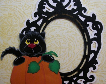 Black Cat & Pumpkin Halloween Frame, Hand cut Paperpiecing, Embellishment, Scrapbook, Cards
