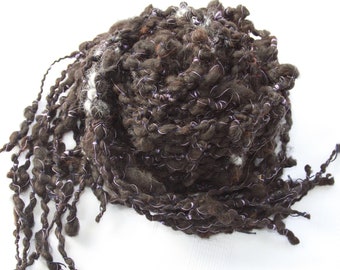 Hand Knit Bulky Scarf, in Natural Black made of Handspun Wool Yarn and Curls