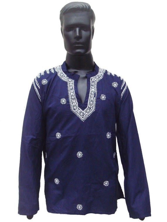  Mens Tunic Blue Shirt for Spring Sale Hand Embroidered White