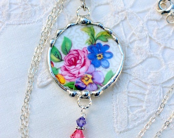 Necklace, Broken China Jewelry, Broken China Necklace, Pink and Blue Floral Chintz, Sterling Silver, Soldered Jewelry