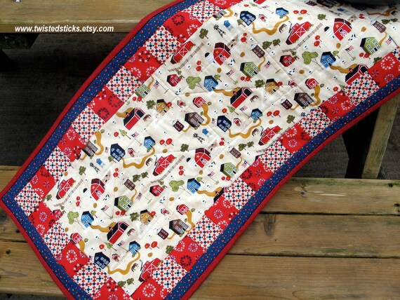 Quilted Table Runner Rural Americana red white by twistedsticks