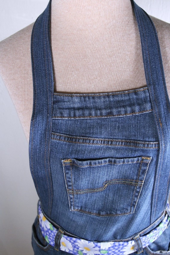 Upcycled Womens' Kitchen Apron Made with Denim Blue Jeans
