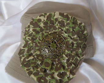 Sale....Cadet Military distressed hat Khaki with A Olive Green and Brown Animal Print Fabric Flower and Gorgeous Embellishment